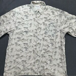 Vintage Columbia XXL Fishing Shirt Shark Print Palm Tree Tan 100% Cotton